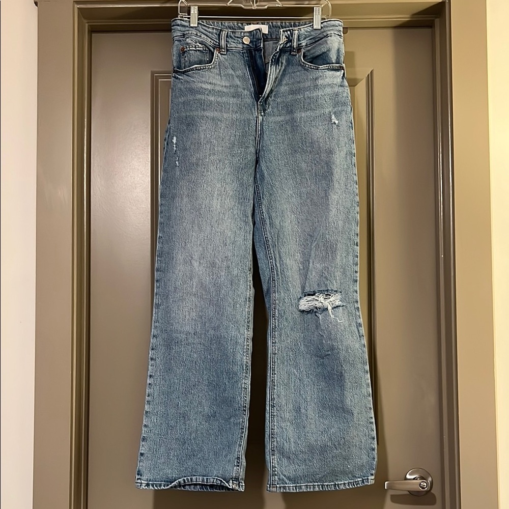 H&M Blue Wide Leg Jeans with Distressed Details